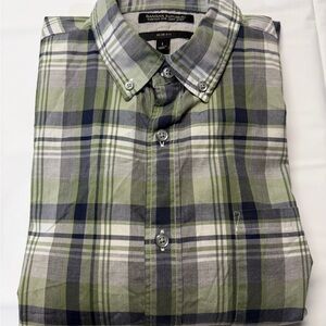 Banana Republic Men's Green and Blue Plaid Shirt
